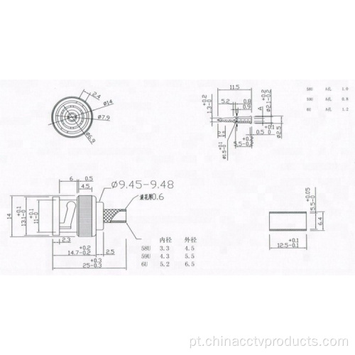 CCTV Cabo Coaxial BNC Conector Conector Adaptador Adapador